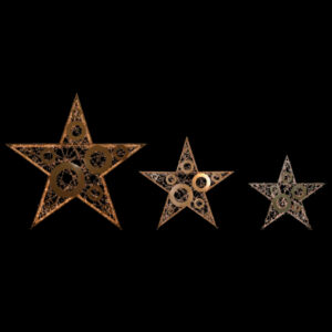 Three gold stars made from Christmas lights.