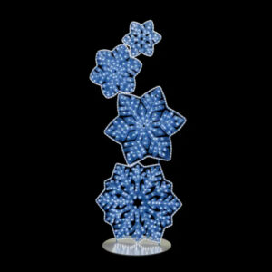 A tower of four elegant blue snowflakes with a white rope light outline.