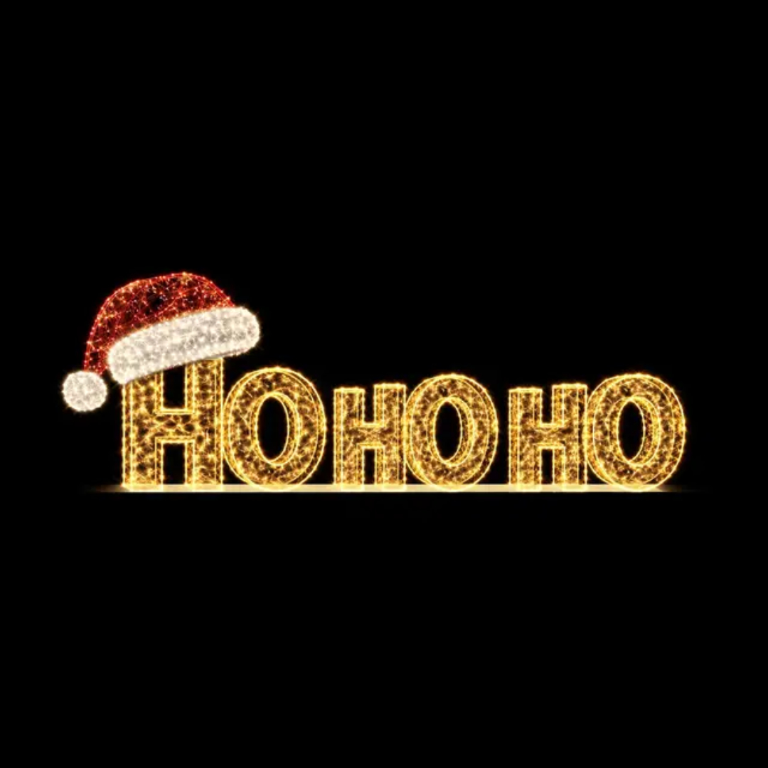 The words "Ho Ho Ho" made from gold lights. The first H is wearing a red and white Santa hat made from lights.