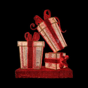 Three oversized gift boxes made from lights with red carpet garland bows and ribbons.