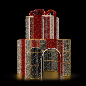 A large stack of two gift boxes made from twinkling mini LED lights and lighted red carpet garland.