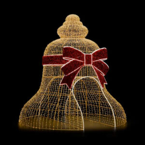 A large walk through bell made of mini LED Christmas lights, with a big red carpet garland bow.