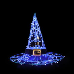 A spooky Halloween witch hat with a black and gold buckle, and a spooky "fear" face. Made from a metal frame and blue mini LED lights.