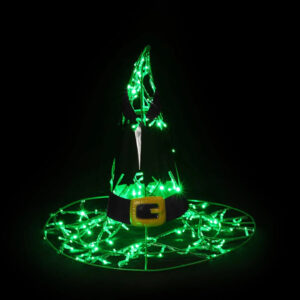 A spooky Halloween witch hat with a black and gold buckle, and a spooky screaming face. Made from a metal frame and green mini LED lights.