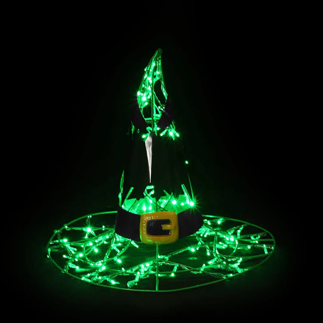 A spooky Halloween witch hat with a black and gold buckle, and a spooky screaming face. Made from a metal frame and green mini LED lights.