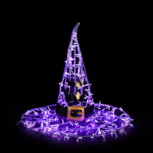 A spooky Halloween witch hat with a black and gold buckle, and an evil smiling face. Made from a metal frame and purple mini LED lights.