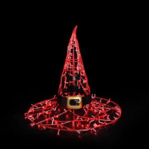 A spooky Halloween witch hat with a black and gold buckle, and an evil angry face. Made from a metal frame and red mini LED lights.