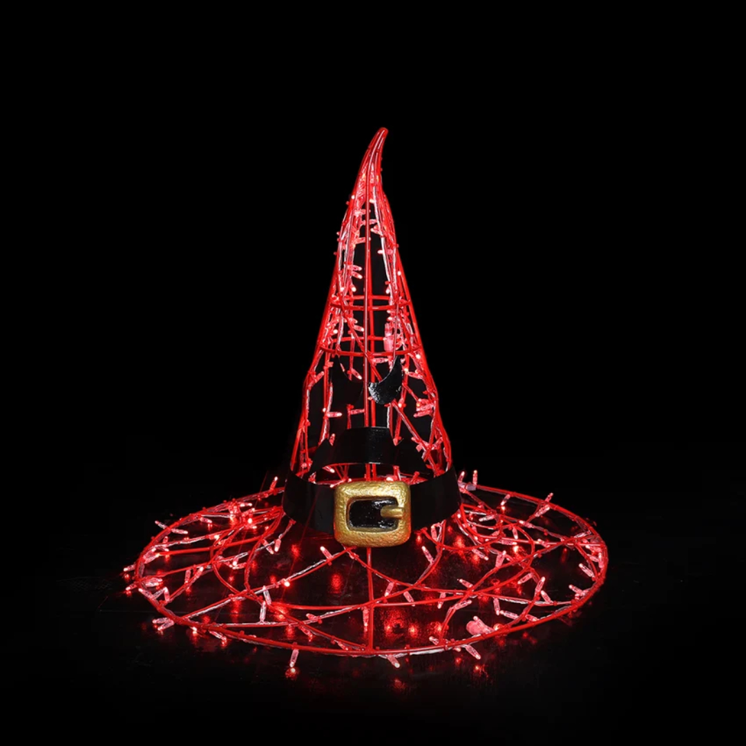 A spooky Halloween witch hat with a black and gold buckle, and an evil angry face. Made from a metal frame and red mini LED lights.