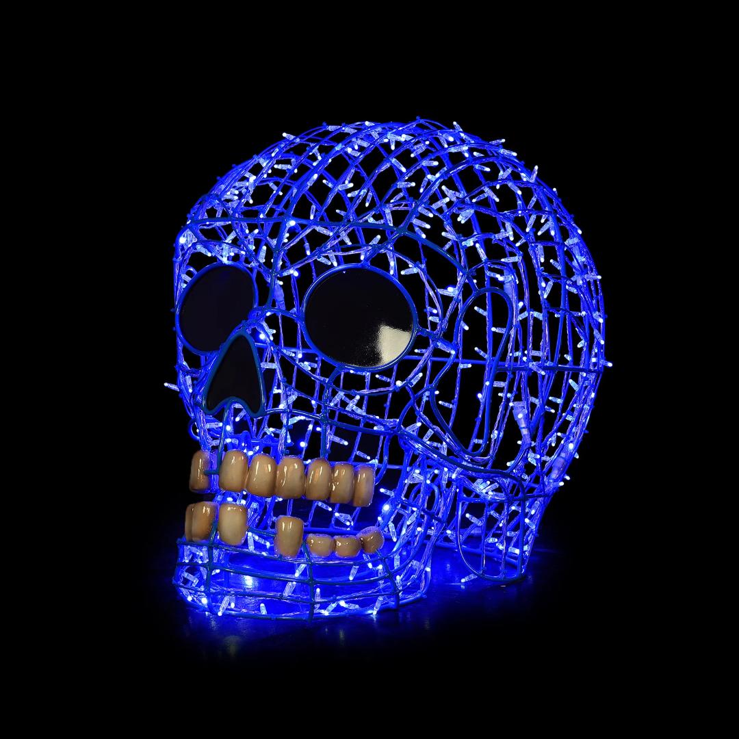 A Christmas light display of a 3D smiling human skull made from blue mini LED Christmas lights.