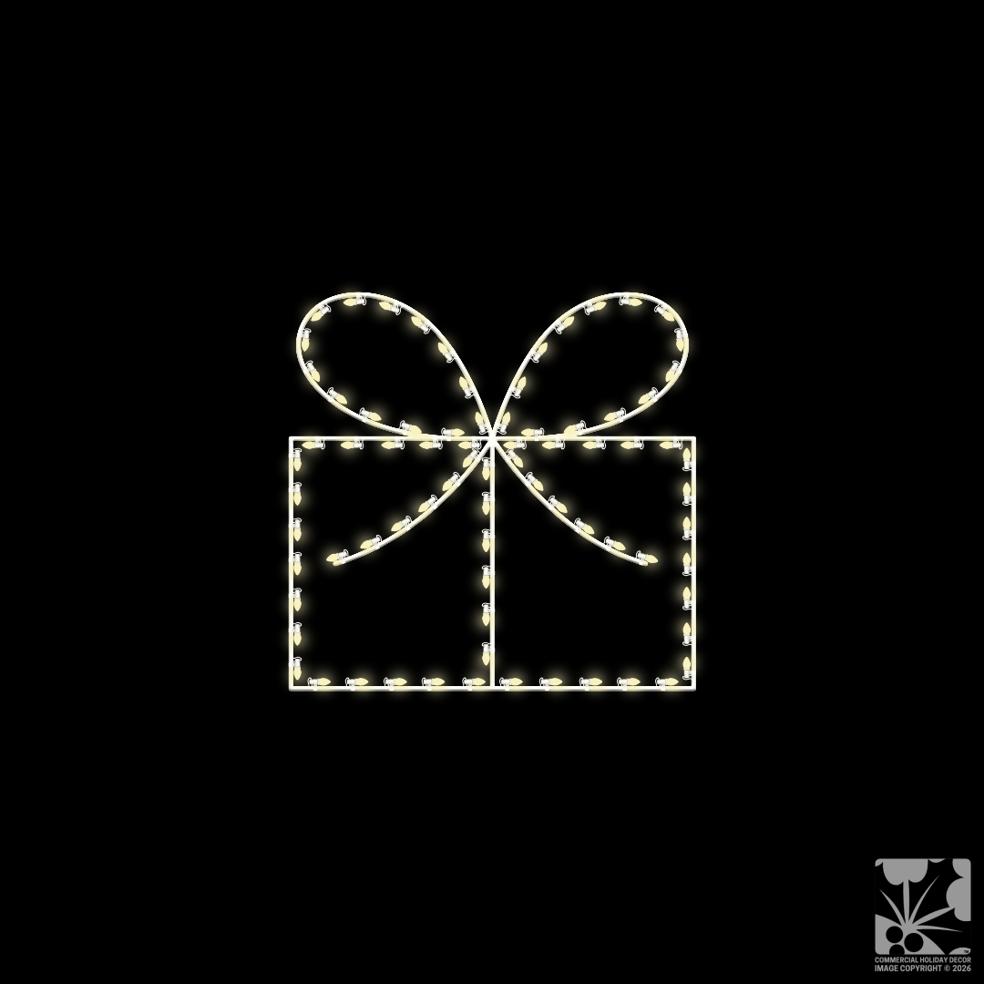 A Christmas light silhouette of a simple gift box with a two-loop ribbon with two ribbon tails.